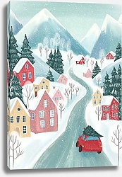 Постер Лариса Ермолаева Зимний пейзаж с горами и разноцветными домиками