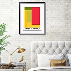 «Tulip field in Amsterdam» в интерьере современной спальни в белом цвете с золотыми деталями