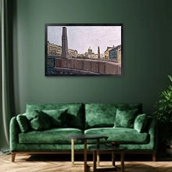 «Осенью в Петербурге» в интерьере зеленой гостиной над диваном