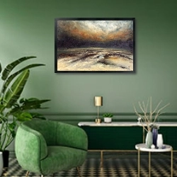 «Пейзаж абстракция №113» в интерьере гостиной в зеленых тонах