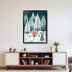 «Новогодняя иллюстрация с домиком в лесу» в интерьере 