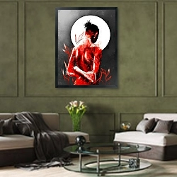 «Красный» в интерьере гостиной в оливковых тонах