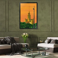 «МГУ им. М.В. Ломоносова №3» в интерьере гостиной в оливковых тонах