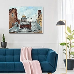 «Вид на Исаакиевский собор из окна» в интерьере современной гостиной над синим диваном