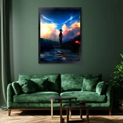 «На рассвете» в интерьере зеленой гостиной над диваном