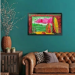 «op.304 Шри Ланка» в интерьере гостиной с зеленой стеной над диваном